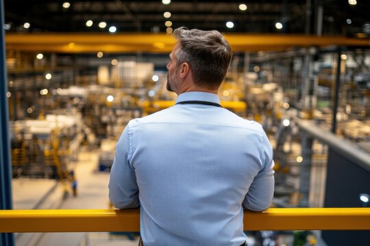 A contemplative moment captures a businessman looking out over a busy manufacturing facility, representing industry, progress, and strategic planning in the business world.
