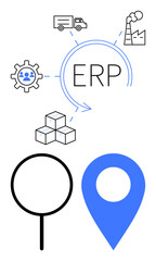 Fototapeta premium ERP concept with factory, truck, boxes, gear, magnifier, location pin. Ideal for logistics, inventory supply chain automation resource planning enterprise management themes. Flat simple metaphor