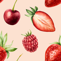 Seamless pattern with strawberry, raspberry and cherry. Hand painting sweet watercolor illustration isolated on background. For designers, menu, shop, decoration, restaurant, for postcards, wrapping