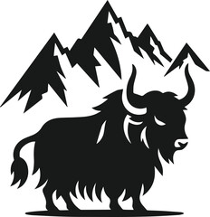 Obraz premium Yak standing with a mountain peak animal vector silhouette