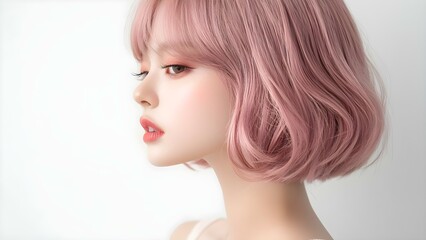 Obraz premium A profile view of a person with short, wavy pink hair and soft makeup, showcasing a gentle and stylish appearance. Concept Profile View Portrait, Short Wavy Pink Hair, Soft Natural Makeup