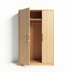 Wooden Wardrobe with Open Door –Isolated Image on White Background