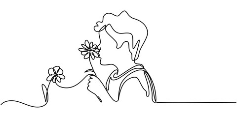 Child smelling flower in continuous line art drawing style, Child smelling flower in continuous line art drawing style. Small girl squatted down to sniff the fragrant flower. Black linear sketch.