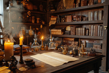 A medieval alchemist&acirc;&euro;&trade;s workshop 3D background room with ancient parchment scrolls, bubbling potions, and shelves filled with mystical artifacts. A grand wooden desk is cluttered with spell books,