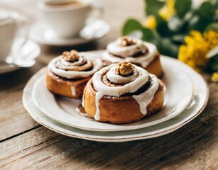 Warm Cinnamon Rolls with Icing Drizzle and Walnut Topping