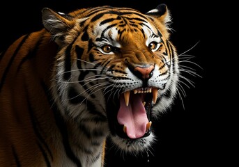 Fototapeta premium Fierce Tiger Portrait Against Black Background. Generative Ai