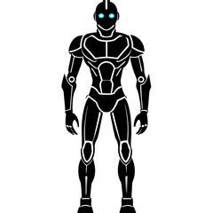 Silhouette of a futuristic humanoid robot, standing tall and powerful, symbolizing AI and innovation