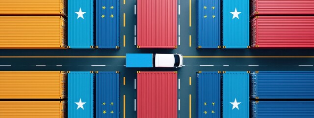 Colorful Cargo Containers on a Shipping Yard With a Delivery Truck