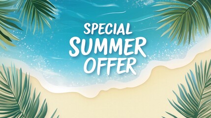 Obraz premium Tropical Summer Sale Promotion on a Beach Background with Palm Leaves, Ideal for Travel Agencies, Summer Discounts, Vacation Deals, and Social Media Advertisements in a Vibrant Blue and Sandy Color Pa