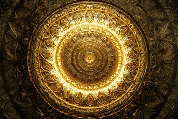 A circular, ornate ceiling design featuring intricate patterns and illuminated with gold accents. Concept Ornate Ceiling Design, Intricate Patterns, Gold Accents, Circular Artistry