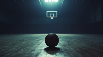 Basketball on Wooden Court Under Stadium Lights