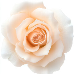 Pale cream rose viewed from above with velvety spiraling petals on bright white background in soft romantic tones  
