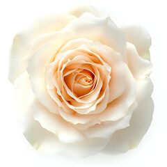 Pale cream rose viewed from above with velvety spiraling petals on bright white background in soft romantic tones  
