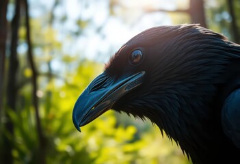 Obraz premium Close-up of raven's head, cawing in sunlit forest clearing, wildlife photography, close-up