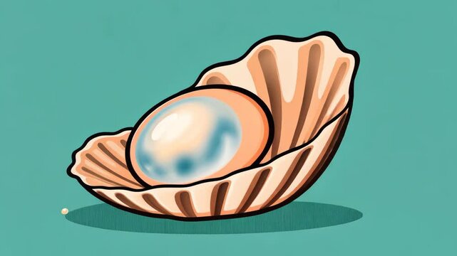 A shell with a pearl inside. The pearl is white and has a blue tint