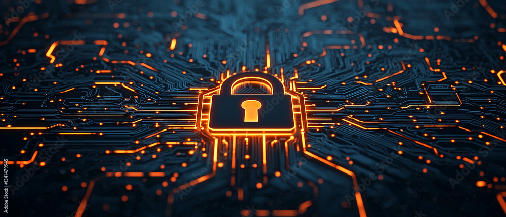 Poster digital lock symbol surrounded by intricate circuit patterns, representing security and technology c