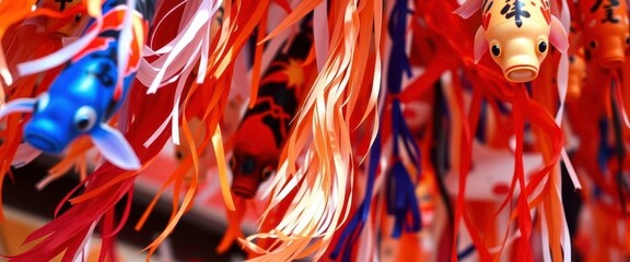 Close-up of vibrant, colorful Japanese carp streamers waving gently in the breeze, japan, carp