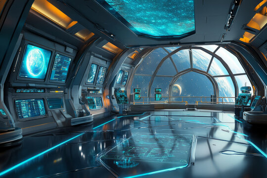 A futuristic space station observatory 3D background room with an expansive glass dome revealing breathtaking cosmic views, sleek metallic floors with glowing blue pathways, floating holographic