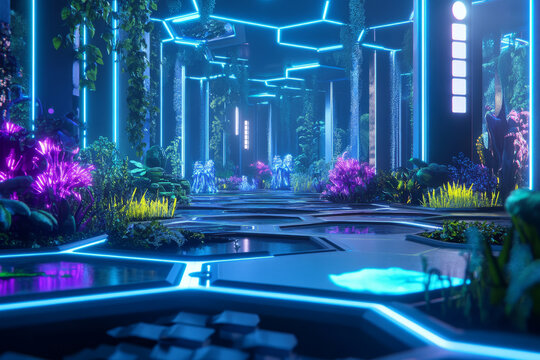 A high-tech virtual zoo where rare digital creatures roam inside glowing hexagonal enclosures. The AI-driven ecosystem adapts dynamically, ensuring the perfect conditions for the holographic wildlife