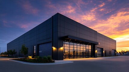 Obraz premium Modern Commercial Building Exterior at Twilight with Vibrant Sky Above