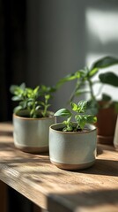 Fototapeta premium A tranquil scene of homegrown basil, mint, and rosemary plants thriving in stylish ceramic pots on a rustic wooden shelf bathed in soft sunlight creating a cozy indoor herb garden.