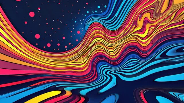 A colorful painting with a blue background and a rainbow of colors. The colors are yellow, green, red, and blue