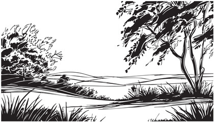 Obraz premium Doodles sketch landscape with tree and grass