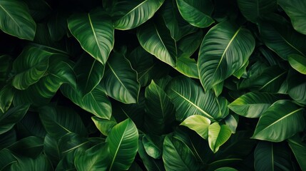 Dark Green Lush Tropical Leaves Texture Background