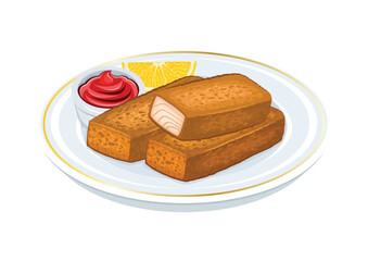 Fish fingers and ketchup sauce vector illustration isolated on a white background. Fried fish stick on a plate icon vector. Breaded fish fillet drawing. Template for background, banner, card