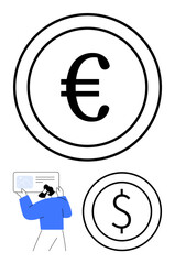 Euro and dollar coin icons paired with a person analyzing financial charts. Ideal for finance, business, investment, economics, currency exchange, banking, and budgeting. Clean flat simple metaphor