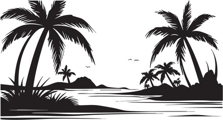 Tropical palm tree vector silhouette. Summer landscape sketch