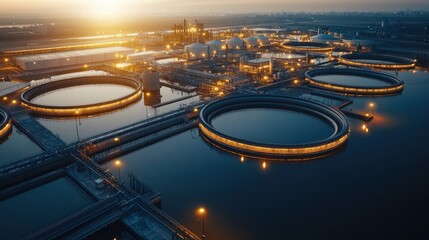 Aerial view of an industrial facility with circular tanks reflecting lights, surrounded by water, showcasing modern engineering and urban infrastructure.