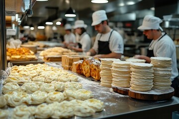 Fototapeta premium Bakery Bustling With Activity as Chefs Prepare Fresh Pastries and Bread at a Warm and Inviting Kitchen During the Morning Hours