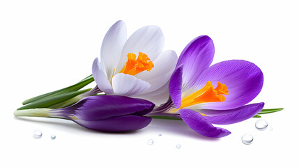 Close-Up of Purple and White Crocus Flowers Isolated on White Background