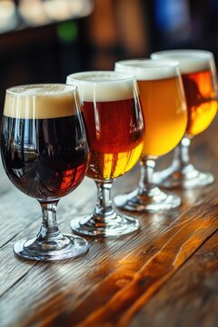 a set of four glasses of different kind of beer, taste set on  a wooden table