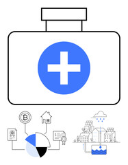 Medical kit with cross icon, pie chart, blockchain, real estate, and eco-friendly solar city elements. Ideal for healthcare, sustainability, technology, economy energy urban planning