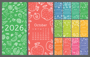Calendar 2026. Vector English wall calender template. Fruits, berries. Lemon, kiwi, banana, pear, cherry and strawberry. Raspberry, watermelon, grapes, apple, pomegranate and mandarin. Doodle design