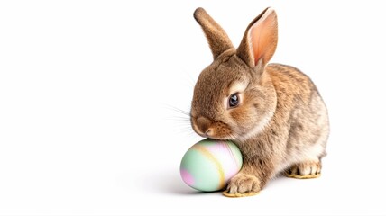Obraz premium bunny holding colorful easter egg, copy space for text 