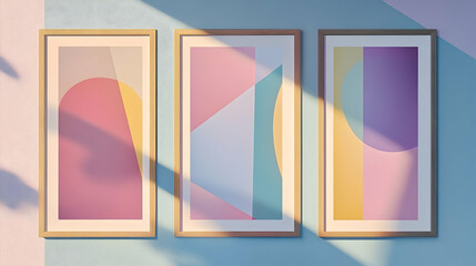 Three framed abstract paintings with soft pastel stripes in yellow, pink, and blue.
