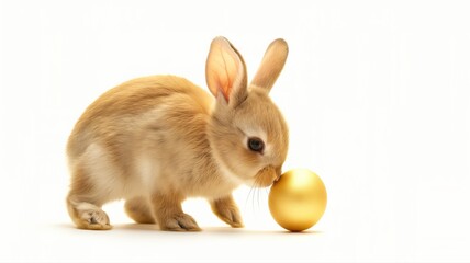 Obraz premium easter, baby rabbit sniffing a golden easter egg on a white background, copy space for text
