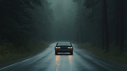 Car driving on a foggy road through a forest at night.