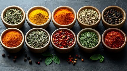 Vibrant colorful spices and herbs in ceramic bowls arranged in rows on dark stone background with fresh basil leaves and peppercorns for cooking.