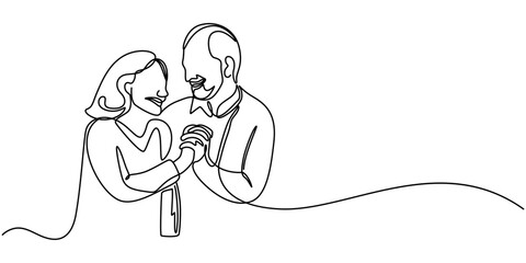 Old couple in continuous line art drawing style. Senior man and woman walking together holding hands. Black minimalist linear sketch isolated, Continuous line drawing of senior man walking.