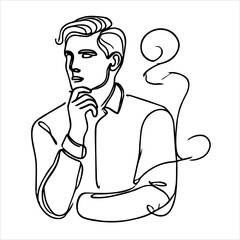 A continuous one-line drawing of a man in a thinking pose, symbolizing decision-making and problem-solving. The minimalist vector illustration capture