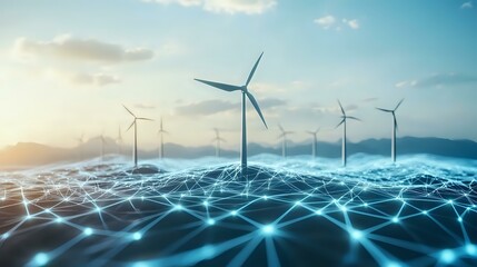 Wind turbines on mountain horizon with glowing digital network grid overlay, representing renewable energy and smart technology integration in blue tones at sunset.