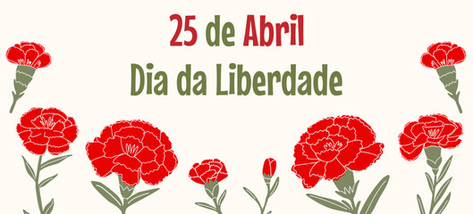 Banner for April 25, Portugal Freedom Day, Carnation Revolution. Red carnations in a frame with a green stem on a white background. Great for postcards, web banners, posters