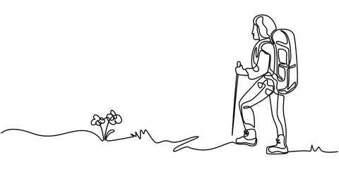 Single one line drawing hiking hikers couple man woman with backpacks, Continuous one line drawing woman hiker with backpack and map hiking in mountain or forest and exploring nature. Active outdoor.