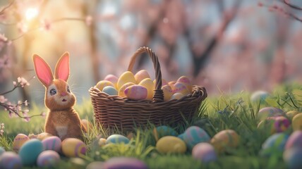 rabbit with easter eggs basket, eater background