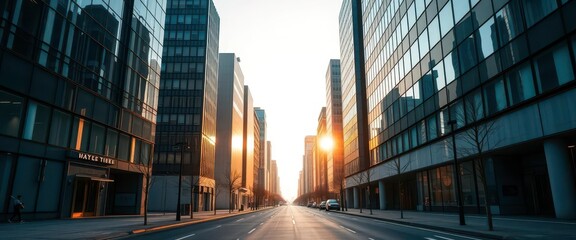 Dawn light bathes a quiet city street, sleek modern buildings reflecting the soft sky, peaceful, design