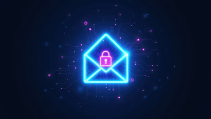 A digital illustration of a secure email with neon-colored cybernetic elements signifying cybersecurity and devops.